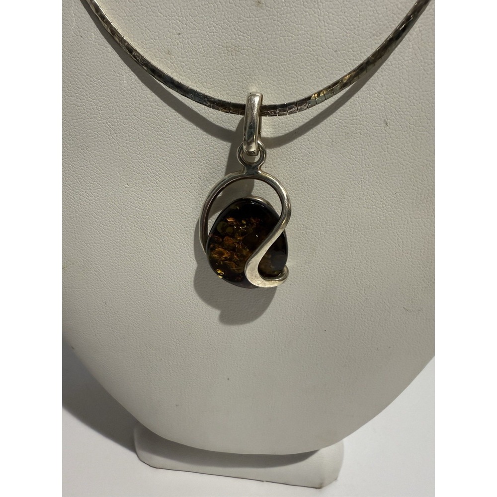 Vintage Sterling Silver Amber Necklace Pendant 925 18"